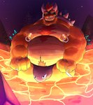 absurd_res anthro belly big_belly big_bulge big_muscles blush body_hair bowser bulge clothing darkened_idiot detailed_bulge facial_piercing hair hi_res horn jockstrap koopa lava male mario_bros musclegut muscular navel night nintendo nipple_piercing nipples nose_piercing overweight overweight_anthro overweight_male pecs piercing red_eyes red_hair rock scalie solo underwear