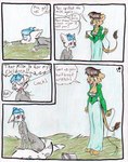 anthro aubrey_ferris blue_hair canid canine clothing comic dialogue duo english_text face_torture felid feline female fur hair head_torture humiliation lion mammal mia_(aubrey_ferris) pantherine rabid_(webcomic) red_eyes simple_background text whip whipping whipping_face