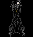 3_fingers 3_toes absurd_res accessory alpha_channel black_body black_hair black_sclera bodily_fluids cape cape_only claws clothing cross cross_necklace crouching daisy_(flower) digital_drawing_(artwork) digital_media_(artwork) eldritch_abomination enigmaticwendigo expressionless feet female fingers flower flower_hair_accessory flower_in_hair hair hair_accessory hi_res humanoid jewelry long_arms long_hair looking_at_viewer mammal monster monstrous_humanoid mostly_nude mouthless necklace outline plant ribs simple_background solo spikes spikes_(anatomy) tears toes transparent_background veronica_(enigmaticwendigo) white_eyes white_outline