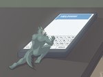 4:3 anthro beastars bedroom canid canine canis donttouchmylasagna electronics english_text furniture hi_res legoshi_(beastars) male mammal micro micro_male nude phone rear_view solo text typing wolf