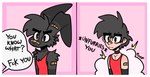 2_panel_comic absurd_res anthro arm_warmers armwear band-aid band-aid_on_face band-aid_on_nose bandage bandage_on_face bandage_on_nose black_body black_fur black_hair cheek_tuft chest_tuft choker clothing dialogue english_text facial_tuft fur grey_body grey_fur hair half-closed_eyes hi_res human humor jewelry lagomorph leporid male mammal narrowed_eyes necklace nick_(the_xing1) profanity rabbit shirt solo sound_effects speech_bubble tank_top text topwear transformation tuft xing1