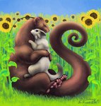 chesawyiin_(cloudweaver) cloudweaver_(artist) domestic_ferret feral flower fur grey_body grey_fur gulonine hi_res hug mammal marten mustelid musteline paws plant purple_body purple_fur sachii_(resachii) sunflower true_musteline weasel