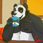 1:1 2024 anthro bear beard beverage brown_body brown_fur caffeine coffee coffee_cup coffee_mug container cup digital_media_(artwork) drinking drinking_glass facial_hair fur giant_panda glass glass_container glass_cup hi_res male mammal morning relaxing sitting solo yetsu yetsupanda