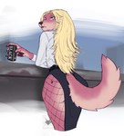 anthro blackvulp blonde_hair canid canine canned_drink clothing female fishnet_clothing hair heart_symbol heart_tattoo lips mammal markings mole_(marking) solo tail tattoo thick_bottom_lip