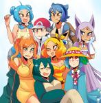 aipiepo alternate_species animal_humanoid annoyed blastoise blonde_hair blue_eyes blue_hair breasts brown_eyes brown_hair charizard clothing digital_media_(artwork) eeveelution espeon female generation_1_pokemon generation_2_pokemon green_hair group hair happy hat headgear headwear human humanized humanoid humanoidized lapras male mammal nintendo orange_hair pikachu pokemon pokemon_(species) pokemon_humanoid pokemon_trainer pokemorph purple_hair red_(pokemon) red_eyes simple_background sleeping smile snorlax starter_trio venusaur white_background