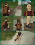 absurd_res backpack clothed clothing comic digital_media_(artwork) eli_(rosycoyote) english_text falling forest hair hi_res hiking human human_only male mammal not_furry outside plant pre-transformation river rosycoyote solo text thought_bubble tree water