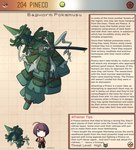 armor clothing english_text female generation_2_pokemon green_body green_hair green_skin hair hi_res human humanoid kinkymation male mammal melee_weapon nintendo pineco pokemon pokemon_(species) purple_eyes purple_hair sword text weapon