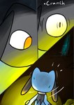 2024 3_panel_comic ambiguous_gender black_body blue_body bodily_fluids cave comic digital_media_(artwork) dungeon generation_4_pokemon glowing holding_object light_source looking_at_object motion_lines nintendo orange_eyes pokemon pokemon_(species) pokemon_mystery_dungeon riolu sawlamander scared solo sound_effects spike_chunsoft standing sweat sweatdrop text white_sclera white_text