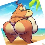 1:1 2019 anthro antlers beach belly big_belly big_butt biped butt clothed clothing cloud day deer digital_drawing_(artwork) digital_media_(artwork) embarrassed fur hi_res hooves horn huge_butt male mammal morbidly_obese morbidly_obese_anthro obese obese_anthro obese_male orange_body orange_fur outside overweight overweight_anthro overweight_male palm_tree plant ray_the_buck rear_view sea signature sky solo standing tail tanio thick_thighs torn_clothing torn_underwear tree underwear underwear_only water wet wet_body wet_fur wide_hips