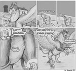 abdominal_bulge anthro anthro_prey armor avian beak canid canine canis comic dialogue domestic_dog english_text fatal_vore feral feral_pred forced gryphon headgear helmet hi_res jagg_(thatgryphonguy) male mammal monochrome mythological_avian mythological_creature mythology ramz_(thatgryphonguy) sketch text thatgryphonguy unwilling_prey village vore wings wolf