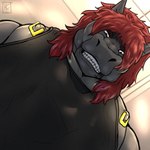 1:1 absurd_res anthro areola barazoku big_areola big_muscles big_nipples big_pecs black_body black_fur black_nipples clothed clothing equid equine fur gold_(metal) gold_nipple_piercing hair hi_res horse kirlanlion looking_at_viewer looking_down looking_down_at_viewer low-angle_view male mammal mane manly markings muscular muscular_anthro muscular_male nipple_piercing nipples pecs piercing red_hair red_mane rekhit shirt solo tank_top topwear worm's-eye_view