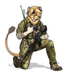 2024 anthro ar_platform assault_rifle australian_flag belt blonde_hair boots camo camo_clothing camo_print clothing eotech eyewear felid footwear fur gun hair heckler_and_koch hi_res hk416 holding_object kneeling lion male mammal pantherine pattern_clothing pgm300 ranged_weapon rifle shoes short_hair silencer simple_background solo sunglasses tail tail_tuft trigger_discipline tuft weapon white_background