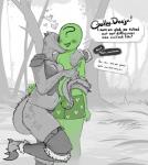 2020 ?_face anon anthro argonian armor bethesda_game_studios blush breast_squish breasts bulge claws clothed clothing cokesero deeja dialogue duo english_text erection erection_under_clothing female forest green_body green_skin heart_symbol hi_res horn human male male/female mammal microsoft navel outside plant public scalie scar skindentation skyrim slightly_chubby slightly_chubby_female squish tail tail_fetish tail_play text the_elder_scrolls thong topwear tree underwear vest