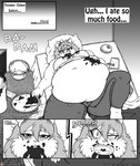 2018 absurd_res accessory anthro bed bedding belly big_belly blanket blush bottomwear bow_ribbon bowl breasts burping cake clothing comic container cooking_pot deep_navel dessert domestic_cat drawer english_text felid feline felis female food furniture hair hair_accessory hair_bow hair_ribbon hi_res if_hell_had_a_taste lying mammal marci_hetson monochrome navel obese obese_anthro obese_female on_back open_mouth overweight overweight_anthro overweight_female pants pillow plate ribbons shirt sloshing_belly solo stuffing text thick_thighs topwear tray viroveteruscy