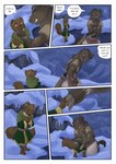 2024 anthro biped bjekkergauken brown_body brown_fur brown_tail clothed clothing colored comic dialogue dialogue_box duo english_text fur green_clothing gulonine hand_on_head herja_(bjekkergauken) hi_res hug larger_anthro male mammal marten mustelid musteline outside pine_marten scar shirin_(bjekkergauken) size_difference smaller_anthro snow snowing speech_bubble suid suina sus_(pig) tail text wild_boar