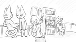 16:9 accessory animal_crossing anthro bob_(animal_crossing) book bottomwear bow_ribbon chair clothing collared_shirt crossed_legs domestic_cat dragonweirdo eyewear felid feline felis female furniture glasses greyscale group hair_accessory hair_bow hair_ribbon hi_res holding_book holding_object katt_(animal_crossing) library male mammal marshal_(animal_crossing) monochrome mouse murid murine nintendo on_chair petri_(animal_crossing) reading reading_book ribbons rodent round_glasses sciurid sitting sitting_on_chair skirt story story_in_description tree_squirrel wearing_glasses widescreen