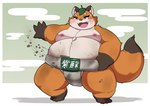 2024 anthro asian_clothing belly big_belly blush canid canine clothing east_asian_clothing fox hi_res japanese_clothing kemono kusosensei leaf male mammal mawashi moobs nipples orange_body overweight overweight_male raccoon_dog solo sumo sumo_wrestler tanuki