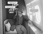 2020 aircraft airplane anthro canid canine charles_(zaush) clock clothed clothing comic dialogue digital_media_(artwork) electronics english_text fur greyscale hi_res holding_object holding_phone inside_airplane jewelry male mammal monochrome open_mouth phone ring solo teeth text tongue vehicle watch zaush