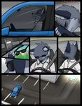 anthro black_border border canid canine car cellphone comic driving electronics eyes_closed eyewear fox fur grey_body grey_fur hi_res inside_car inside_vehicle male mammal open_mouth outside phone smartphone solo starrffax starrffax_(fox_sona) sunglasses vehicle