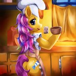 1:1 2018 anthro apron apron_only bonbon_(mlpt) butt chef_hat clothing colored cutie_mark detailed_background earth_pony equid equine female hasbro hat headgear headwear hoof_hands horse kunshomo looking_at_viewer looking_back looking_back_at_viewer mammal mlp_g1 mostly_nude my_little_pony my_little_pony_tales pony pre-g4 shaded solo