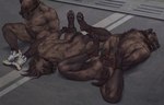 abs anthro anus arms_tied ball_gag balls bdsm bent_legs biceps black_eyes blue_eyes bodily_fluids bondage bound brown_body brown_fur brown_hair brown_penis butt clenched_teeth clothed clothing cuff_(restraint) dark_body dark_ears dark_face dark_fur darkened_balls darkened_genitalia darkened_penis digital_media_(artwork) drooling epic_soul erection fingers footwear fur gag gagging genitals glans grey_eyes group hair handcuffed handcuffs hi_res hogtied humanoid_genitalia humanoid_penis hyena legs_tied long_hair looking_at_viewer lying male mammal markings metal_cuffs multicolored_body multicolored_fur muscular muscular_anthro muscular_male nipples nude on_front open_mouth pawpads paws pecs penis plantigrade restraints saliva saliva_on_chin saliva_string shoes short_hair sitting sneakers sneakers_only spots spotted_body spotted_fur spotted_hyena spotted_markings spread_legs spreading tail teeth trio whiskers