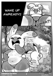 absurd_res ambiguous_gender ambiguous_pov anthro border carmella_(softestpuffss) comic dialogue duo english_text first_person_view generation_1_pokemon generation_3_pokemon grey_border greyscale hi_res male monochrome moobs nintendo nude open_mouth pikachu pokemon pokemon_(species) pokemon_mystery_dungeon slightly_chubby slightly_chubby_anthro slightly_chubby_male softestpuffss speech_bubble spike_chunsoft spinda spinda_(softestpuffss) spiral_eyes text thick_thighs wide_hips