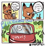 1:1 2020 anthro bee_(trashcamell) black_eyes black_nose canid canine canis car comic dialogue digital_media_(artwork) dipstick_ears domestic_dog driving duo ear_markings electronics english_text fox holding_object holding_phone humor inside_car inside_vehicle male mammal multicolored_ears nonbinary_(lore) phone sound_effects soy_(trashcamell) speech_bubble text tongue tongue_out trashcamell vehicle