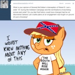 1:1 applejack_(mlp) ask_jappleack baseball_cap blonde_hair clothing confederate_flag confederate_states_of_america dialogue earth_pony english_text equid equine female feral friendship_is_magic grass green_eyes hair hasbro hat headgear headwear horse hotdiggedydemon looking_at_viewer mammal my_little_pony plant pony redneck shirt solo text text_on_clothing text_on_shirt text_on_topwear topwear trailer_trash tumblr