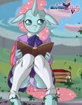 anthro arthropod blue_body blue_skin blush boastudio book camel_toe changeling clothing crouching female friendship_is_magic hasbro hi_res looking_at_viewer my_little_pony ocellus_(mlp) outside panties reformed_changeling school_uniform solo underwear uniform