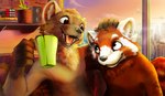 2023 5_fingers absurd_res ailurid anthro beverage brick_wall brown_body brown_fur city city_background cityscape claymore_(red_panda) container controller corbin_(corbin_roscy) corbin_(roscy) cup digital_media_(artwork) digital_painting_(artwork) domestic_ferret duo electronics fingers fur game_controller green_cup hand_on_head happy hi_res huge_filesize looking_at_another male mammal mustelid musteline open_mouth open_smile orange_body orange_fur plant plant_pot playstation playstation_controller potted_plant red_panda rubik's_cube signature smile sony_corporation sony_interactive_entertainment speaker true_musteline wall_(structure) watermark weasel white_body white_ears white_fur window