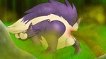 16:9 anus butt diarrhea fart feces feral forest forest_background fur generation_4_pokemon genitals hi_res male mammal mephitid nature nature_background nintendo penis plant pokemon pokemon_(species) purple_body purple_fur scatplay skunk skuntank solo thecapedmanlloyd tree widescreen