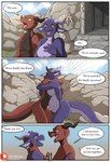 anthro avi_(narusewolf) belly big_belly bodily_fluids breath comic crying dialogue duo english_text fantasy female hi_res horn hug kobold male male/female narusewolf patreon pregnant pregnant_anthro pregnant_female purple_body red_body rona_(narusewolf) scalie speech_bubble sweat tail tears text yelling yellow_eyes