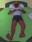 3:4 anthro anthrofied barefoot bed boxers_(clothing) clothed clothing erection erection_under_clothing feet furniture fuze generation_9_pokemon hi_res jawk_(fuze) lying male maschiff nintendo on_back on_bed pantsless pokemon pokemon_(species) pokemorph shirt solo t-shirt tenting topwear underwear