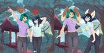 blue_hair bottomwear cinderace clothed clothing dan_(danilokumriolu) danilokumriolu duo ear_growth female femboy fully_clothed generation_4_pokemon generation_8_pokemon green_hair growth hair hi_res human human_to_anthro humanoid lagomorph lopunny male mammal mid_transformation nintendo outside pants pokemon pokemon_(species) possession shirt shrine species_transformation spirit t-shirt tail tail_growth topwear transformation transformation_through_possession