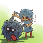 1:1 alternate_species blue_hair bodily_fluids clothing cosplay dress duo female generation_1_pokemon hair hitec human humanized legwear mammal messy_hair moemon nintendo not_furry pigtails plant pokemon pokemon_(species) pulling_hair short_hair sweat tangela thigh_highs touching_hair vines