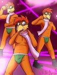 3:4 anthro avian bird blue_eyes bulge chicken clothed clothing comic english_text eyewear fuze galliform gallus_(genus) goggles hi_res jockstrap johnny_(texnatsu) male nipples phasianid scarf solo stripper texnatsu text topless underwear