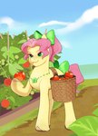 accessory aztrial bag blue_eyes bow_ribbon earth_pony equid equine female feral food fruit hair_accessory hair_bow hair_ribbon hasbro hooves horse jewelry mammal mlp_g5 my_little_pony necklace plant pony posey_(g5) ribbons saddle_bag solo tomato tomato_plant yellow_body