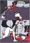 anthro bed black_hair breasts canid canid_demon canine comic demon dialogue digital_media_(artwork) english_text female fur furniture hair hellhound helluva_boss hi_res horn humanoid imp loona_(helluva_boss) male mammal millie_(helluva_boss) moxxie_(helluva_boss) mythological_canine mythological_creature mythology red_body red_sclera sushigoat tail text white_body white_fur white_hair yellow_sclera