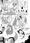 ambiguous_gender anthro anthro_to_feral blush bodily_fluids comic feral generation_3_pokemon generation_4_pokemon group hi_res humanoid japanese_text jirachi lagomorph legendary_pokemon lopunny mammal milotic monochrome nintendo pokemon pokemon_(species) species_transformation sweat text transformation translation_check translation_request winte