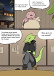 absurd_res anthro bluebirdoasis crossed_legs dialogue domestic_pig eyebrows female hi_res lizard mammal raised_eyebrow reptile scalie smug smug_face suid suina sus_(pig) text thief translated veronica_(bluebirdoasis)