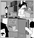 absurd_res anthro appliance bottomwear box clothing comic container dialogue doorway english_text fridge furniture hi_res kitchen kitchen_appliance lagomorph leporid long_ears male mammal monochrome note pants parttimeyeen_(artist) rabbit shirt solo stove table text topwear tristen_(parttimeyeen)