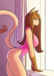 2021 anthro blue_eyes breasts brown_body brown_fur brown_hair clothed clothing conditional_dnp domestic_cat eyewear felid feline felis female fur glasses hair jollyjack leotard mammal solo tail tan_body tan_fur window