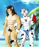 anthro big_muscles big_penis black_hair blue_clothing blue_sky blue_speedo blue_swimwear blush bulge clothed clothing cloud day detailed_background duo eye_contact felid flaccid foreskin freccia_(whitetigercub) fur genitals green_eyes hair humanoid_genitalia humanoid_penis island kodiak_(kodiak079) landscape lion long_hair looking_at_another male male/male mammal muscular muscular_male nude outside palm_tree pantherine penis plant pubes red_clothing red_speedo red_swimwear sea seaside short_hair sky speedo sun swimwear tiger tree unretracted_foreskin water white_body white_fur white_hair whitetigercub