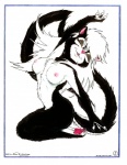 1997 4_toes absurd_res anthro biped breasts claws copyright_symbol eyes_closed feet female hi_res james_m_hardiman kneeling mammal mephitid natasha_(jmh) nipples nude pawpads pink_pawpads skunk soles solo stretching symbol tail toes