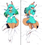 absurd_res anonymous_artist anthro biped blush breasts canid canine clothing dakimakura dakimakura_design dress exposed_back farah_(farahfox) female fox fur hair hi_res mammal multicolored_body multicolored_fur solo teal_clothing teal_dress teal_hair