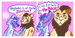 ambiguous_gender anthro blue_body blue_fur blue_hair brown_hair canid canine cheek_tuft chest_tuft comic dialogue dialogue_box ears_back english_text facial_tuft felid fox fur hair half-closed_eyes hi_res humor joke lion luckfoxo33 mammal mane mane_hair narrowed_eyes open_mouth open_smile pantherine pink_background pivoted_ears purple_body purple_fur sharp_teeth simple_background smile speech_bubble tatum_koenig teeth text tolng trans_(lore) trans_man_(lore) trans_woman_(lore) tuft two_panel_image white_body white_fur yellow_body yellow_fur