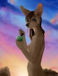 2021 anthro beverage biped breasts canid canine female fennec_fox fox hi_res looking_at_viewer mammal nipples notdonebaking nude pawpads solo sunset true_fox