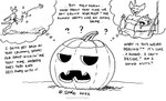 2022 ambiguous_gender animate_inanimate anthro bottomwear breasts clothing dialogue duo english_text female jack-o'-lantern kangaroo kangy_(tegerio) macropod mammal marsupial monochrome pouch_(anatomy) question_mark skirt tail tegerio text