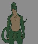 absurd_res anthro artist_collaboration baccus_loka balls belly big_balls big_penis conditional_dnp digital_media_(artwork) foreskin genitals green_body green_skin hi_res kadath lizard long_neck male nintendo ocular_prosthetic penis prosthetic reptile scalie scar sharpclaw_(star_fox) solo star_fox tail tan_body tan_skin wsad_(artist) yellow_eyes