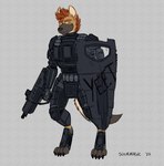 anthro armor brown_body brown_fur claws clothing fur gloves gun hair handwear hyena male mammal orange_hair pawpads paws ranged_weapon riot_gear riot_shield shield solo sourmagic weapon yellow_eyes